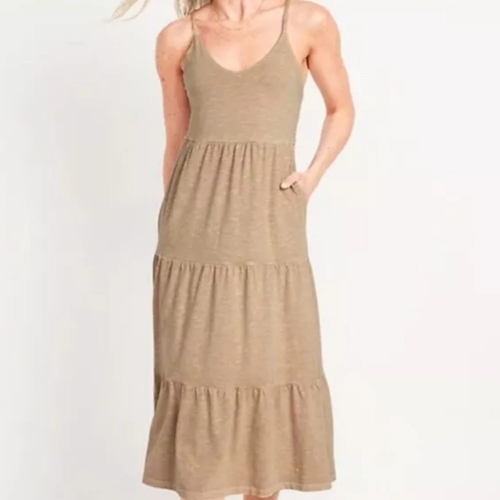 OLD NAVY Tan / Brown TIERED MIDI CAMI SWING DRESS POCKETS LACE TIE BACK MEDIUM